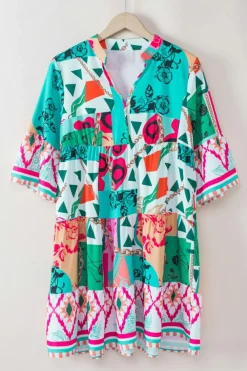 Sale Dear-Lover Abstract Printed Half Sleeve Notched Neck Mini Dress Multicolour
