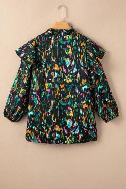 Clearance Dear-Lover Abstract Print 3/4 Puff Sleeve Ruffle Blouse Multicolour