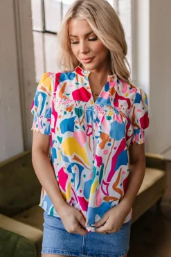 Sale Dear-Lover Abstract Print Lace Detail Shirred Short Sleeve Split Neck Blouse Multicolour