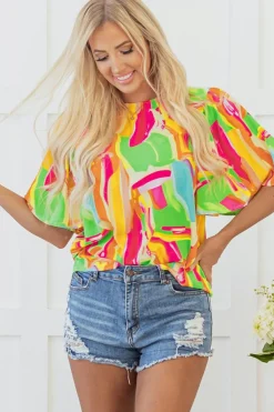 Fashion Dear-Lover Abstract Print Keyhole Back Pleated Half Sleeve Blouse Multicolour