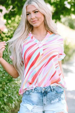 Outlet Dear-Lover Abstract Print High Low Short Sleeve Blouse Multicolour