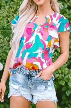 Hot Dear-Lover Abstract Print Notched Neck Flutter Sleeve Blouse Multicolour