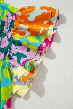 Clearance Dear-Lover Abstract Print Pleated Flutter Sleeve Blouse Multicolour