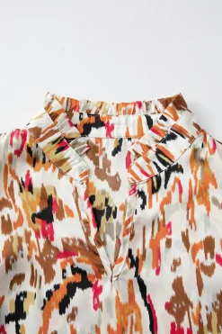 Hot Dear-Lover Abstract Print 3/4 Puff Sleeve Ruffle Blouse Multicolour