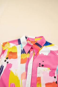 Outlet Dear-Lover Abstract Print Collared Cap Sleeve Casual Shirt Multicolour