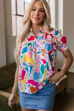 Sale Dear-Lover Abstract Print Lace Detail Shirred Short Sleeve Split Neck Blouse Multicolour