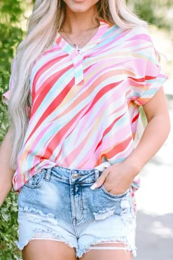 Outlet Dear-Lover Abstract Print High Low Short Sleeve Blouse Multicolour