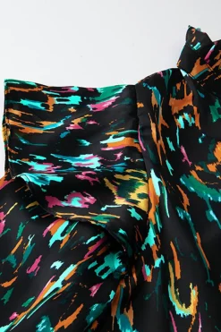 Clearance Dear-Lover Abstract Print 3/4 Puff Sleeve Ruffle Blouse Multicolour