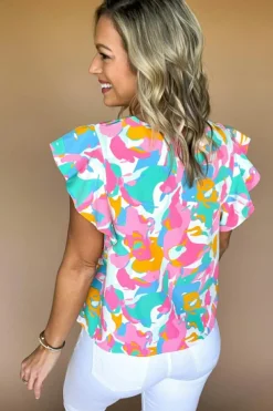 Hot Dear-Lover Abstract Print Notched Neck Flutter Sleeve Blouse Multicolour