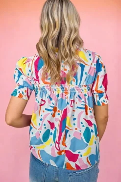 Sale Dear-Lover Abstract Print Lace Detail Shirred Short Sleeve Split Neck Blouse Multicolour