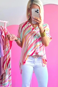 Outlet Dear-Lover Abstract Print High Low Short Sleeve Blouse Multicolour