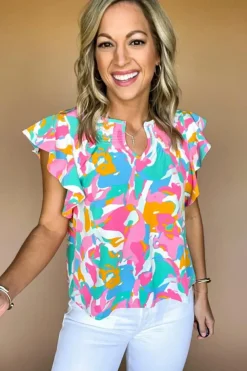 Hot Dear-Lover Abstract Print Notched Neck Flutter Sleeve Blouse Multicolour