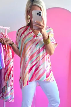 Outlet Dear-Lover Abstract Print High Low Short Sleeve Blouse Multicolour