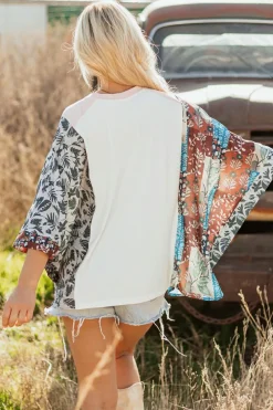 New Dear-Lover Asymmetric Printed Patchwork Sleeve Peace Desert Graphic Top Multicolour