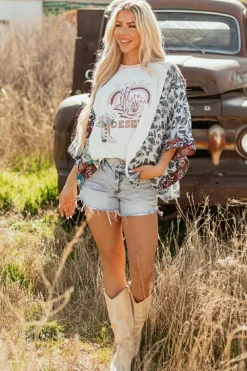 New Dear-Lover Asymmetric Printed Patchwork Sleeve Peace Desert Graphic Top Multicolour