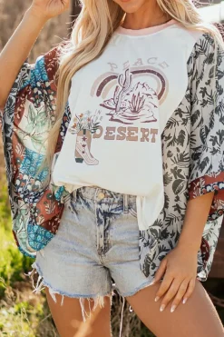 New Dear-Lover Asymmetric Printed Patchwork Sleeve Peace Desert Graphic Top Multicolour