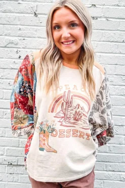 New Dear-Lover Asymmetric Printed Patchwork Sleeve Peace Desert Graphic Top Multicolour