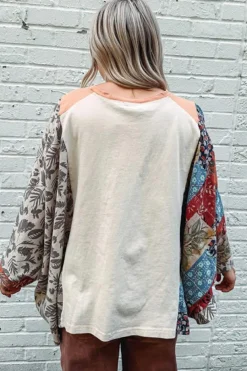 New Dear-Lover Asymmetric Printed Patchwork Sleeve Peace Desert Graphic Top Multicolour