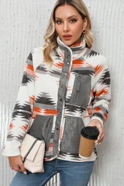 Fashion Dear-Lover Aztec Fleece Patchwork Snap Button Jacket Multicolour