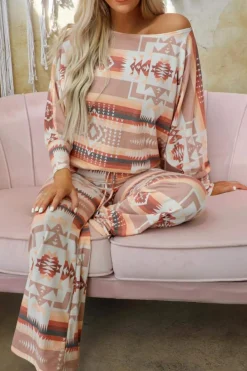 Online Dear-Lover Aztec Print Puff Sleeve Pullover and Pants Lounge Outfit Multicolour