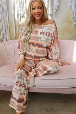 Online Dear-Lover Aztec Print Puff Sleeve Pullover and Pants Lounge Outfit Multicolour