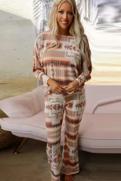 Online Dear-Lover Aztec Print Puff Sleeve Pullover and Pants Lounge Outfit Multicolour