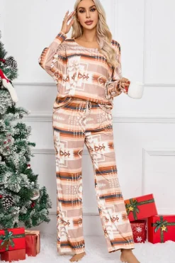Online Dear-Lover Aztec Print Puff Sleeve Pullover and Pants Lounge Outfit Multicolour