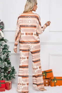 Online Dear-Lover Aztec Print Puff Sleeve Pullover and Pants Lounge Outfit Multicolour