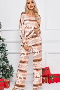 Online Dear-Lover Aztec Print Puff Sleeve Pullover and Pants Lounge Outfit Multicolour