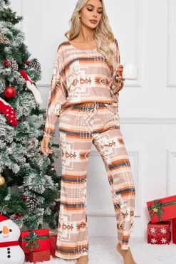 Online Dear-Lover Aztec Print Puff Sleeve Pullover and Pants Lounge Outfit Multicolour