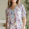 Clearance Dear-Lover Bohemian Floral V Neck Loose Half Sleeve Blouse Multicolour