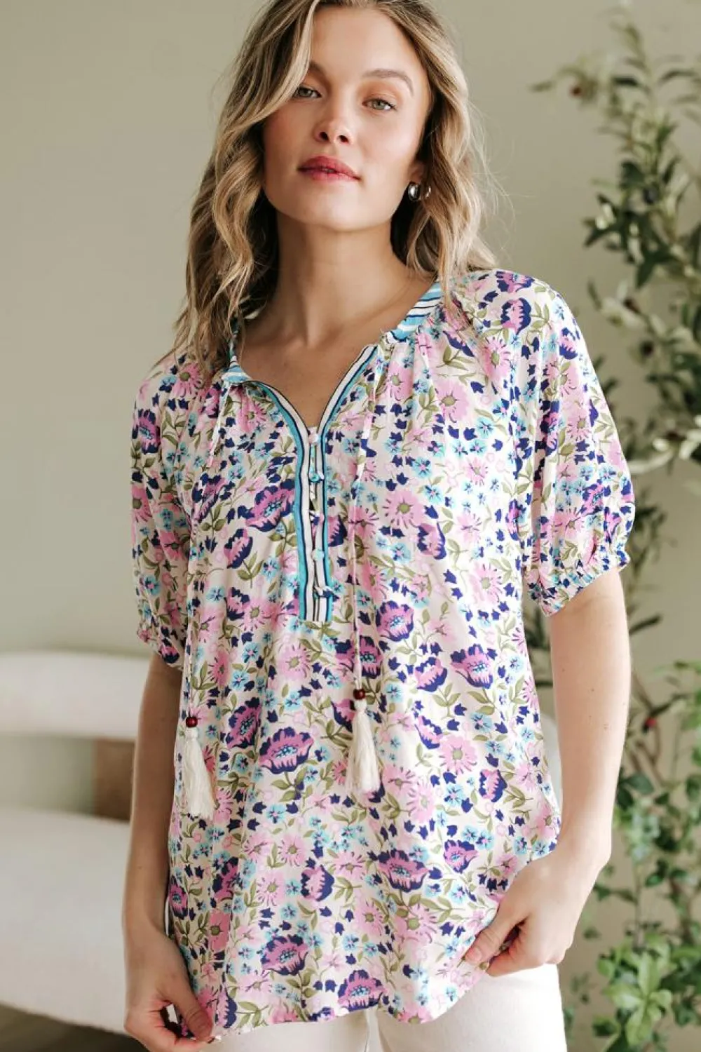 Clearance Dear-Lover Bohemian Floral V Neck Loose Half Sleeve Blouse Multicolour