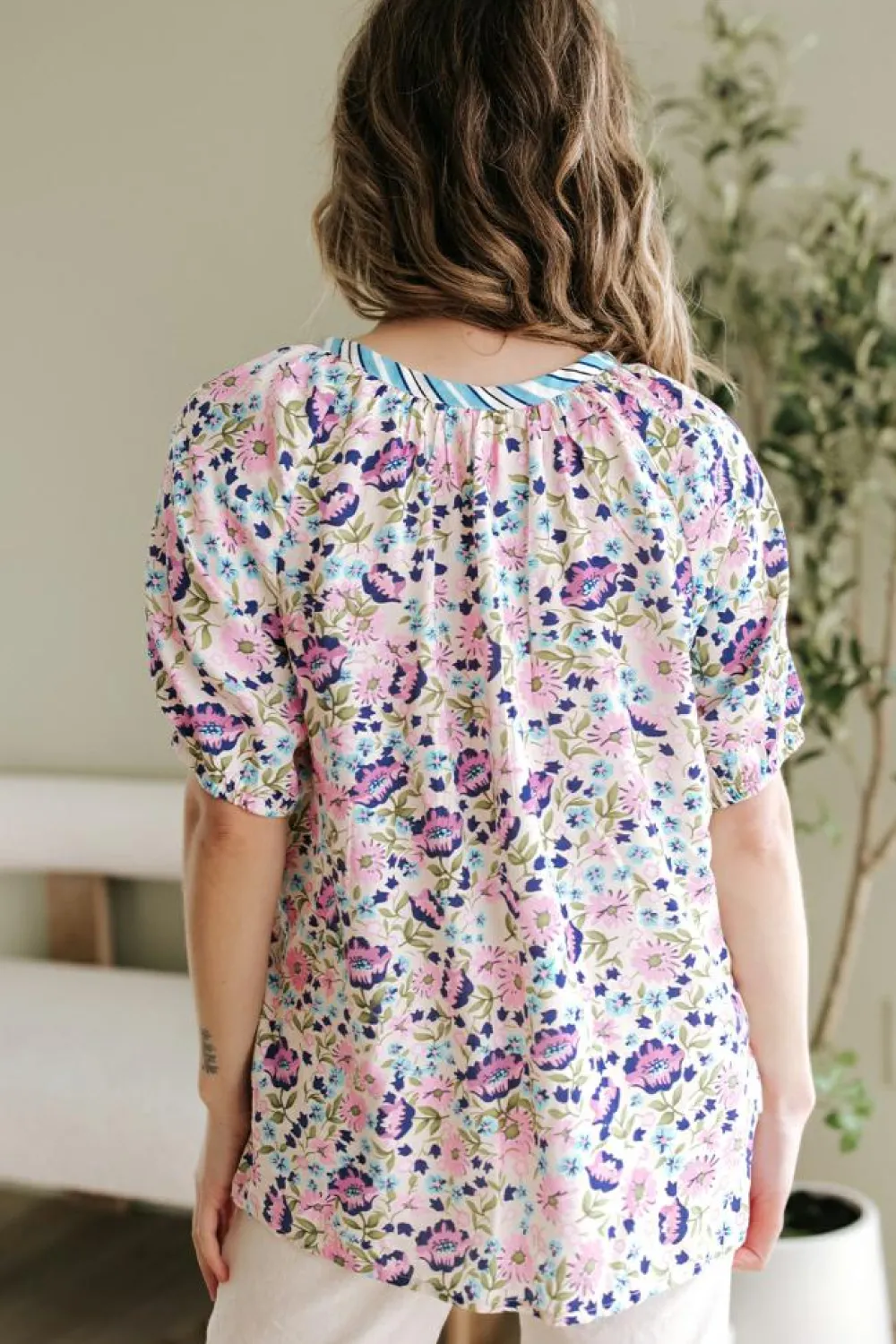 Clearance Dear-Lover Bohemian Floral V Neck Loose Half Sleeve Blouse Multicolour