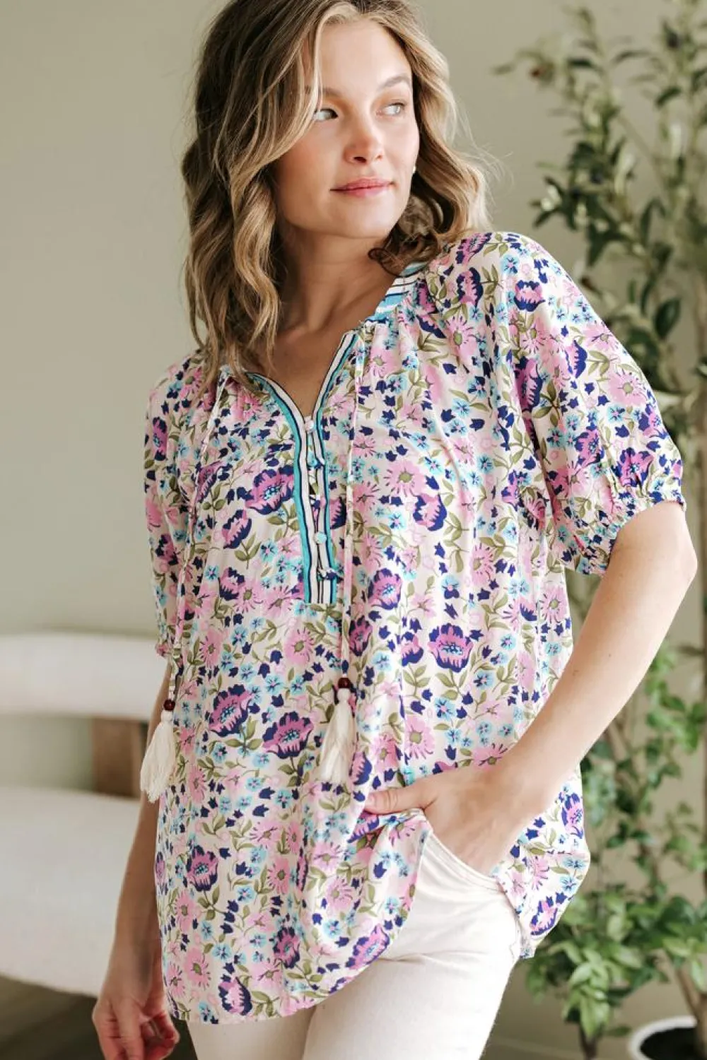 Clearance Dear-Lover Bohemian Floral V Neck Loose Half Sleeve Blouse Multicolour