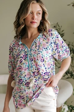 Clearance Dear-Lover Bohemian Floral V Neck Loose Half Sleeve Blouse Multicolour
