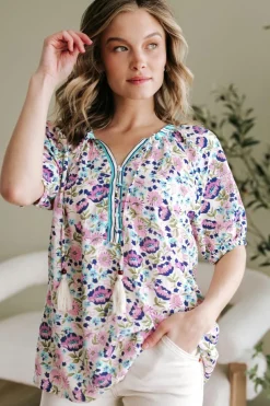 Clearance Dear-Lover Bohemian Floral V Neck Loose Half Sleeve Blouse Multicolour