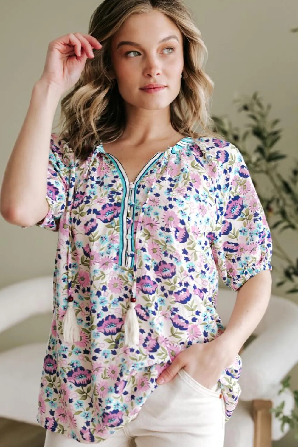 Clearance Dear-Lover Bohemian Floral V Neck Loose Half Sleeve Blouse Multicolour