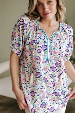 Clearance Dear-Lover Bohemian Floral V Neck Loose Half Sleeve Blouse Multicolour