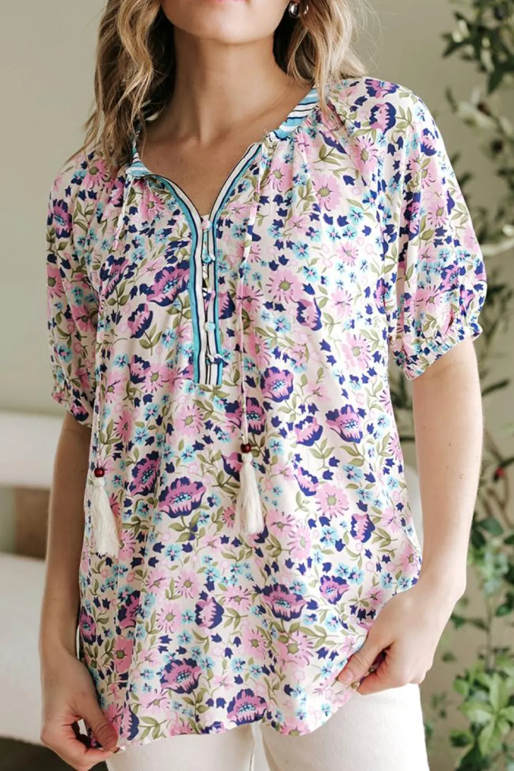 Clearance Dear-Lover Bohemian Floral V Neck Loose Half Sleeve Blouse Multicolour