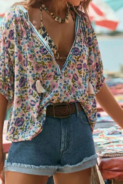 Clearance Dear-Lover Bohemian Floral V Neck Loose Half Sleeve Blouse Multicolour