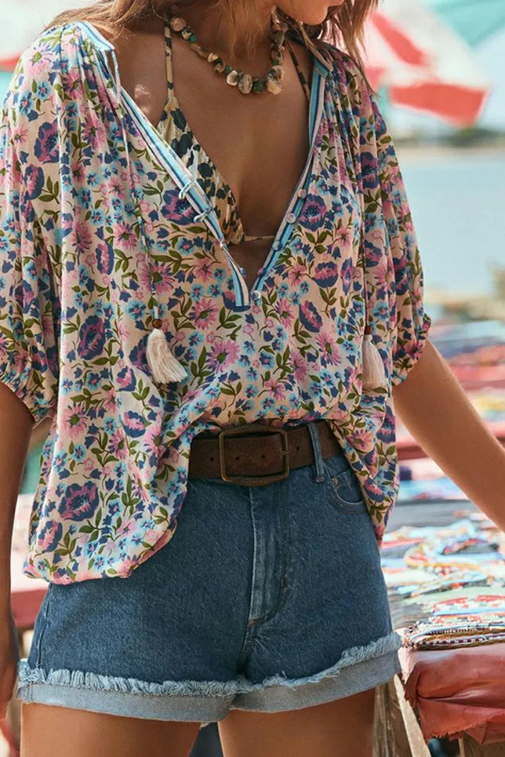Clearance Dear-Lover Bohemian Floral V Neck Loose Half Sleeve Blouse Multicolour