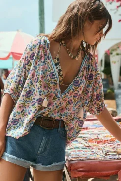 Clearance Dear-Lover Bohemian Floral V Neck Loose Half Sleeve Blouse Multicolour