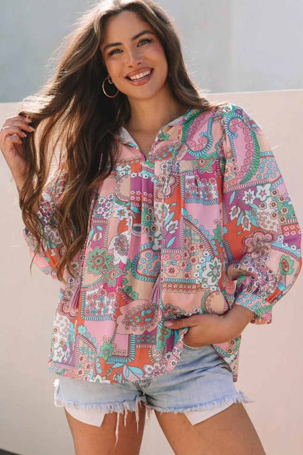 Sale Dear-Lover Boho Floral Bubble Sleeve Tassel Tied Neck Pleated Blouse Multicolour