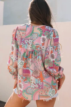 Sale Dear-Lover Boho Floral Bubble Sleeve Tassel Tied Neck Pleated Blouse Multicolour