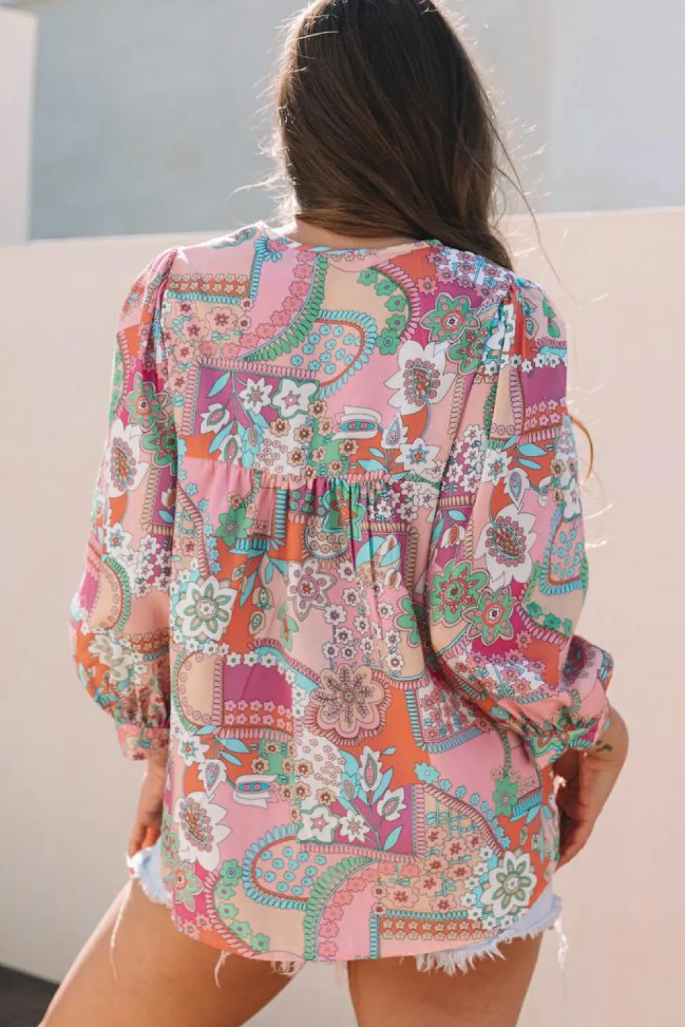 Sale Dear-Lover Boho Floral Bubble Sleeve Tassel Tied Neck Pleated Blouse Multicolour