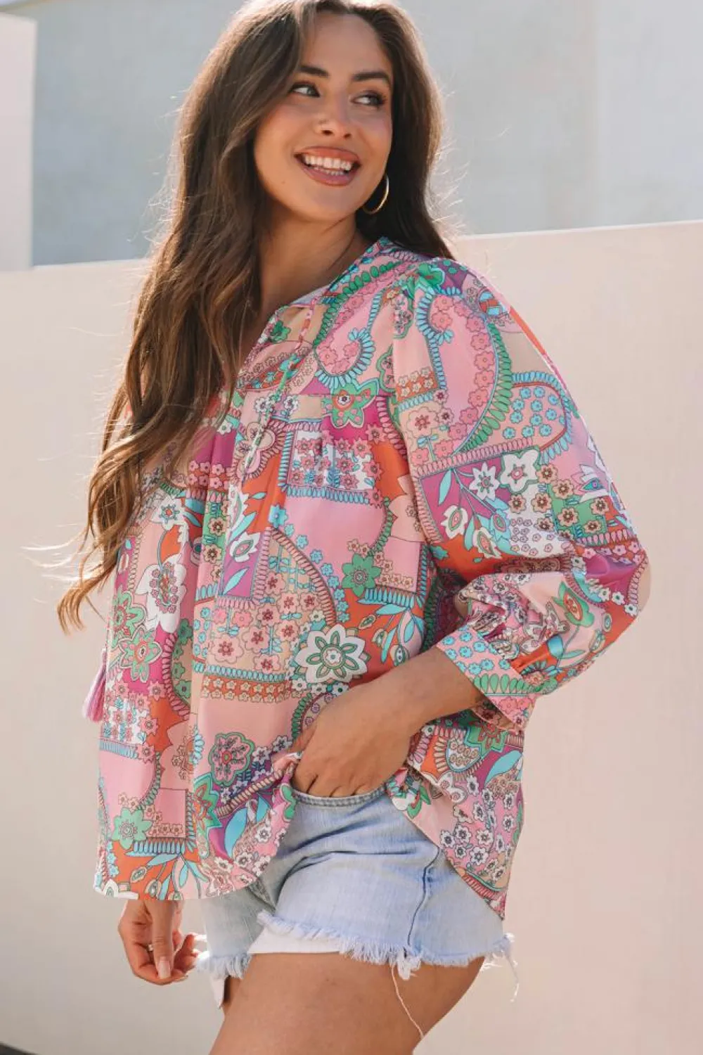 Sale Dear-Lover Boho Floral Bubble Sleeve Tassel Tied Neck Pleated Blouse Multicolour