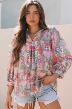 Sale Dear-Lover Boho Floral Bubble Sleeve Tassel Tied Neck Pleated Blouse Multicolour