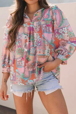 Sale Dear-Lover Boho Floral Bubble Sleeve Tassel Tied Neck Pleated Blouse Multicolour