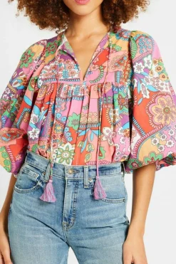 Sale Dear-Lover Boho Floral Bubble Sleeve Tassel Tied Neck Pleated Blouse Multicolour
