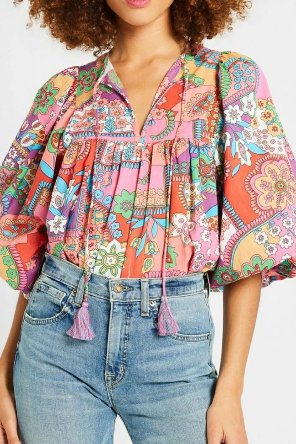Sale Dear-Lover Boho Floral Bubble Sleeve Tassel Tied Neck Pleated Blouse Multicolour